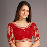 Pujia Mills Women's Readymade Blouse Embroidery Multi Coding Gold Thread Indian Ethnic Designer Stitched Readymade Saree Half Sleeve Blouse for Women for Saree Lehenga Choli (2103)