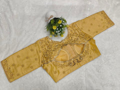 Pujia Mills Woman Milan Silk Round Neck with Half Sleeve with khatli Work Embroidered Design Readymade Blouse 38 Size