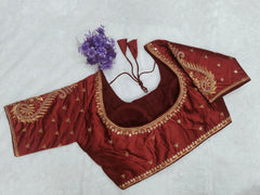 Pujia Mills Woman Milan Silk Round Neck with Half Sleeve with khatli Work Embroidered Design Open Back Readymade Blouse 38 Size