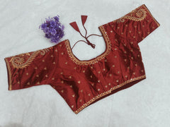 Pujia Mills Woman Milan Silk Round Neck with Half Sleeve with khatli Work Embroidered Design Open Back Readymade Blouse 38 Size