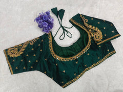 Pujia Mills Woman Milan Silk Round Neck with Half Sleeve with khatli Work Embroidered Design Open Back Readymade Blouse 38 Size