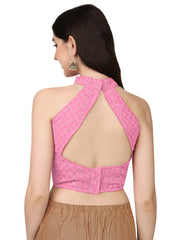 Pujia Mills Women's Halter Neck Chickenkari Work Readymade Saree Blouse ( Halter Neck )