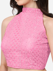 Pujia Mills Women's Halter Neck Chickenkari Work Readymade Saree Blouse ( Halter Neck )