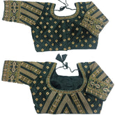 Pujia Mills Women's Indian Ethnic Wear Designer Golden Codding with zari Embroidered Work Round Neck Half Sleeve Readymade Padded Saree Blouse Readymade Work Blouse