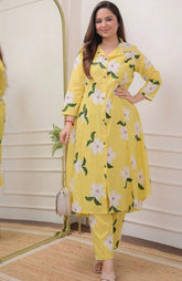 Pujia Mills Yellow Floral Rayon Kurta Set for Women | Stylish Casual & Office Wear Outfit