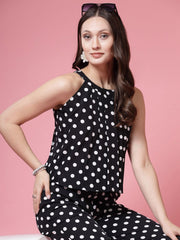 Pujia Mills Women’s Black Top with White Polka Dots & Palazzo Set || Elegant Co-ord Outfit for Casual, Office & Travel Wear