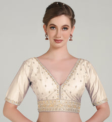 Pujia Mills Woman Readymade Blouse Ethnic wear deep V Neck Classic butti Designer Saree Blouse Half Sleeve Dark Color Blouse Online Embroidery zari Work with Diamond Work Border Blouse