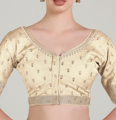 Pujia Mills Women's Indian Ethnic Wear Designer Golden Codding with zari Embroidered Diamond Work Round Neck Half Sleeve Readymade Aari Work Saree Blouse Bridal Readymade Blouse Red for Lehenga Choli
