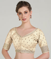 Pujia Mills Women's Indian Ethnic Wear Designer Golden Codding with zari Embroidered Diamond Work Round Neck Half Sleeve Readymade Aari Work Saree Blouse Bridal Readymade Blouse Red for Lehenga Choli