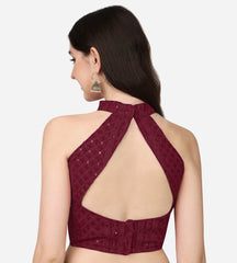 Pujia Mills Women's Halter Neck Chickenkari Work Readymade Saree Blouse ( Halter Neck )