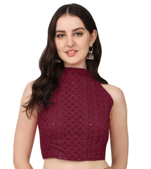Pujia Mills Women's Halter Neck Chickenkari Work Readymade Saree Blouse ( Halter Neck )