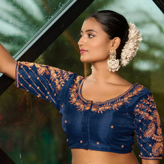Pujia Mills Women's Readymade Blouse Embroidery Multi Coding maggam Work Sequence Work Indian Ethnic Designer Stitched Readymade Saree Half Sleeve Blouse for Women for Saree Lehenga Choli