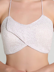 PUJIA MILLS DESIGNER WHITE COLOUR BLOUSE READYMADE FOR WOMEN U NECK SLEEVELESS BLOUSE