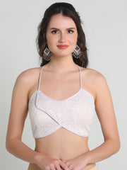 PUJIA MILLS DESIGNER WHITE COLOUR BLOUSE READYMADE FOR WOMEN U NECK SLEEVELESS BLOUSE