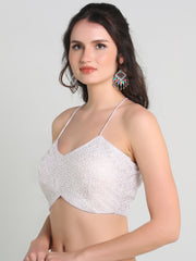 PUJIA MILLS DESIGNER WHITE COLOUR BLOUSE READYMADE FOR WOMEN U NECK SLEEVELESS BLOUSE