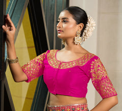 Pujia Mills Women's Readymade Designer Heavy Embroidery Coding with Sequins Work Half Sleeves Fancy Readymade Saree Blouse