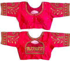 Pujia Mills Women's Golden Zari Embroidery Work with Heavy Maggam Work Multicolor Blouse(Ruby)