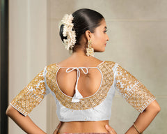 Pujia Mills Women's Readymade Designer Heavy Embroidery Coding with Sequins Work Half Sleeves Fancy Readymade Saree Blouse