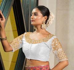 Pujia Mills Women's Readymade Designer Heavy Embroidery Coding with Sequins Work Half Sleeves Fancy Readymade Saree Blouse