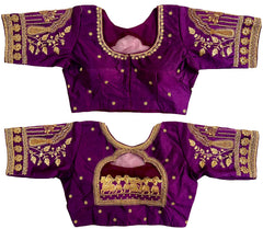 Pujia Mills Women's Golden Zari Embroidery Work with Heavy Maggam Work Multicolor Blouse(Ruby)