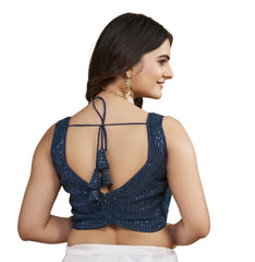 Pujia Mills Women's Multicolor Sweetheart Neck Georgette Line Soft Embroidery Sequence Zari Work Sleeves Readymade Saree Blouse