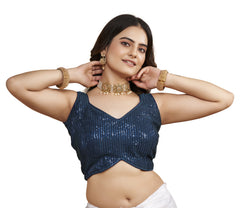 Pujia Mills Women's Multicolor Sweetheart Neck Georgette Line Soft Embroidery Sequence Zari Work Sleeves Readymade Saree Blouse