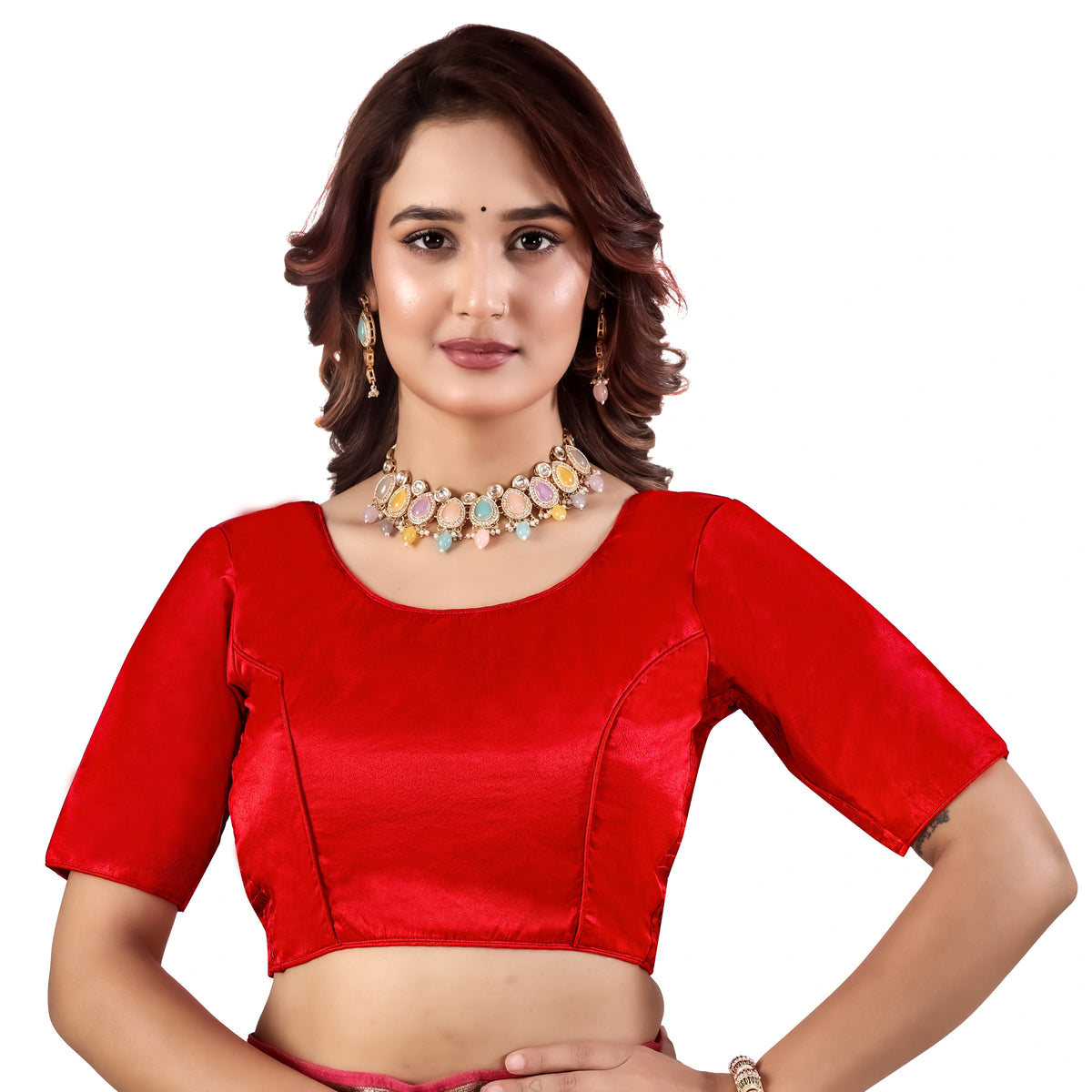 Pujia Mills Malai Satin Checks Blouse with Stretchable Sides for Women