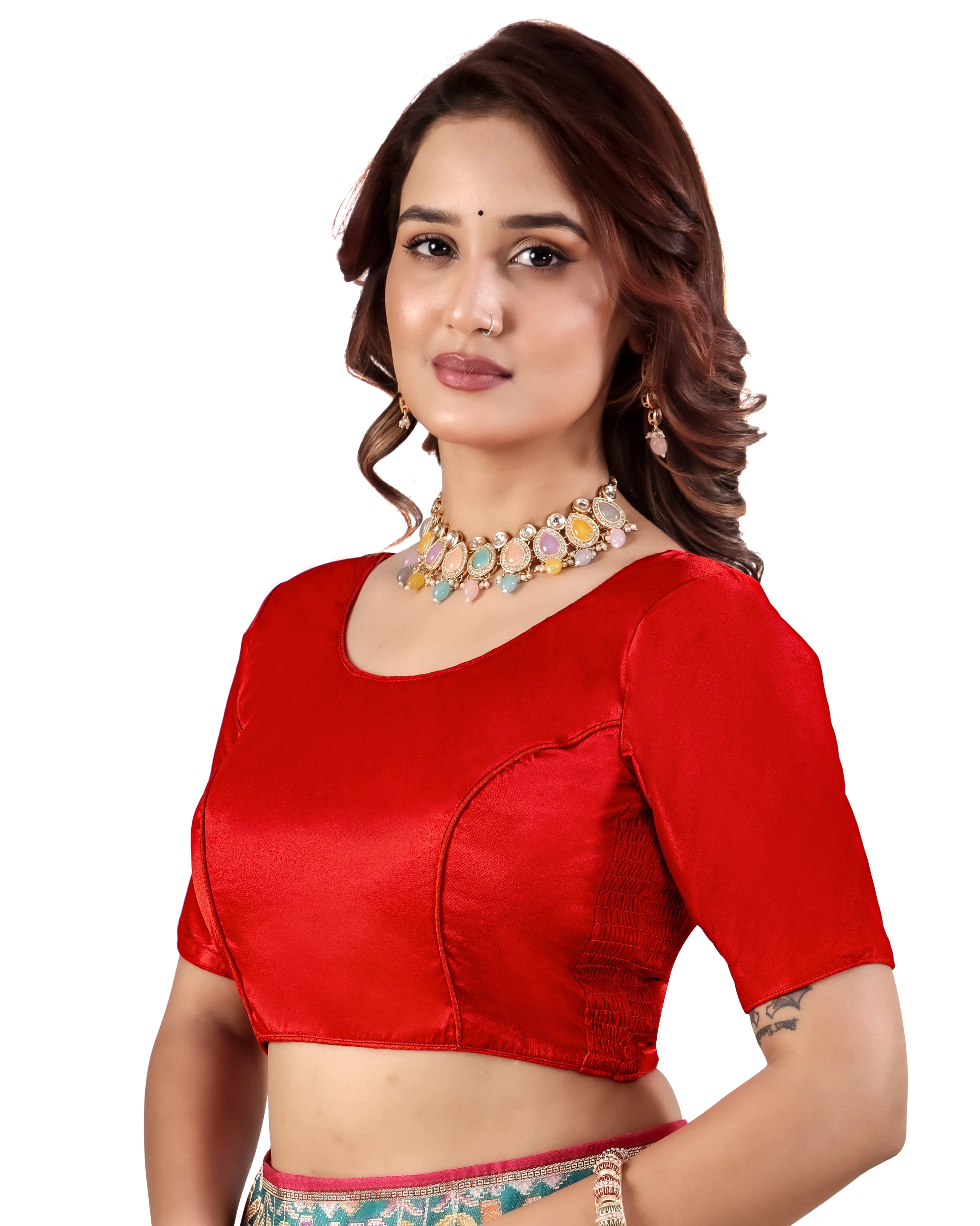 Pujia Mills Malai Satin Checks Blouse with Stretchable Sides for Women