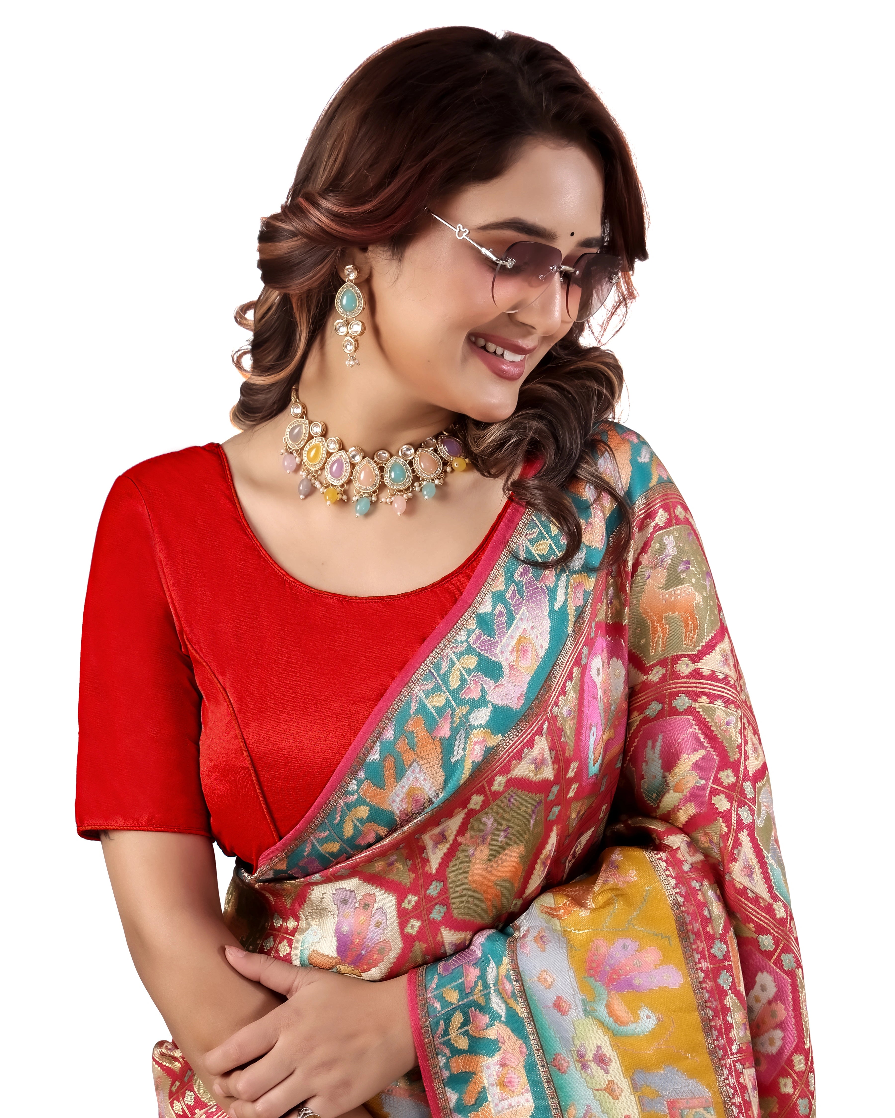 Pujia Mills Malai Satin Checks Blouse with Stretchable Sides for Women