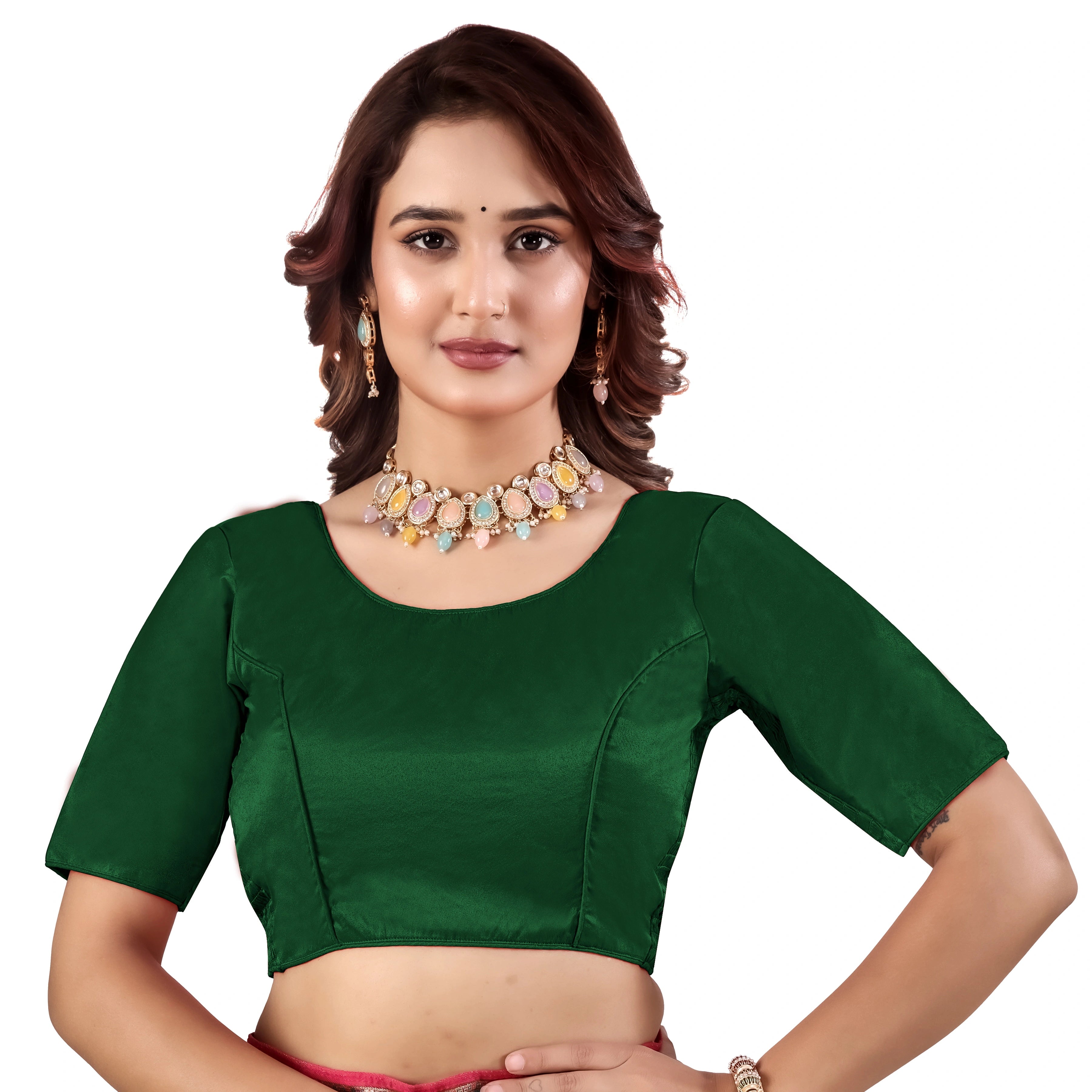 Pujia Mills Malai Satin Checks Blouse with Stretchable Sides for Women