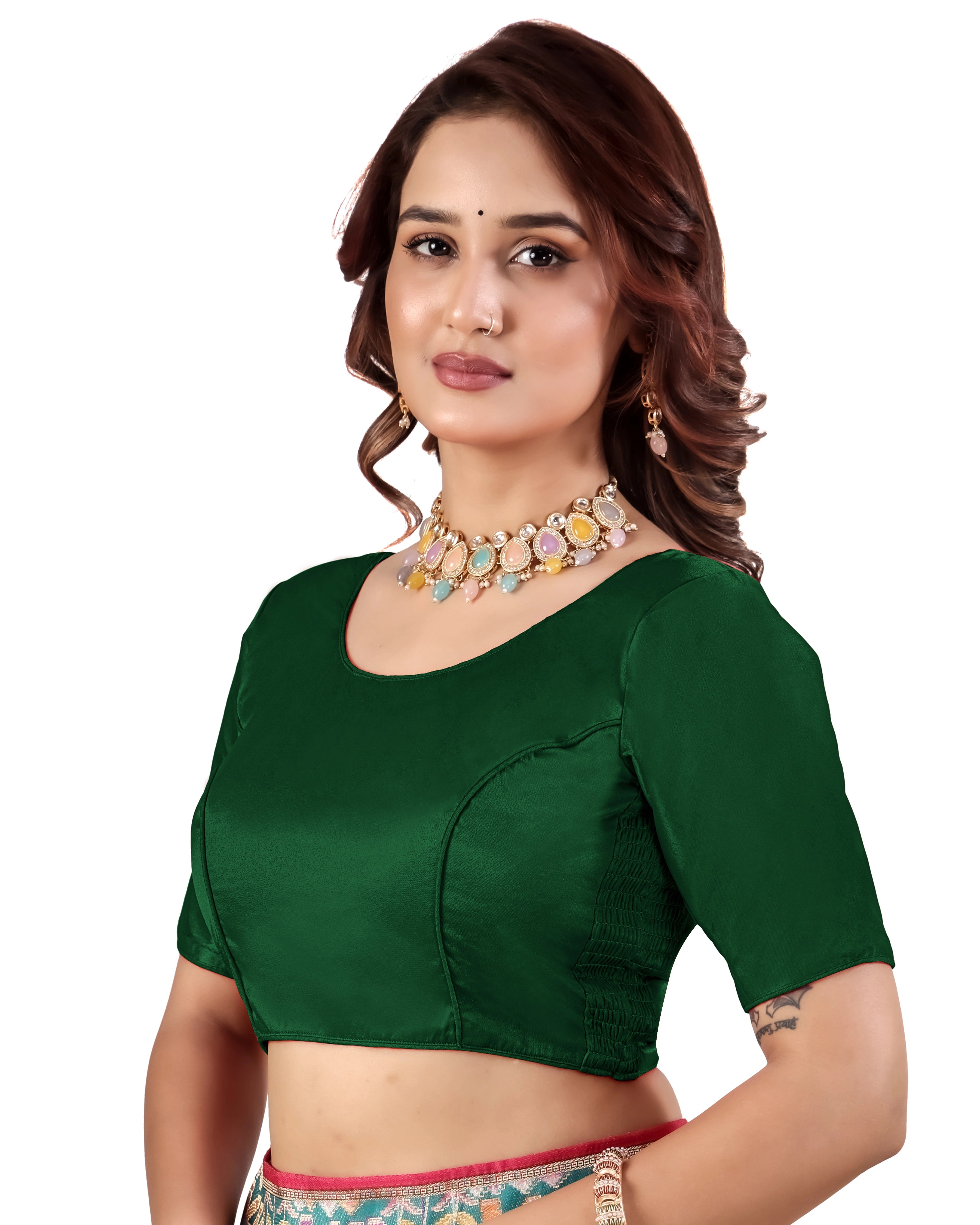 Pujia Mills Malai Satin Checks Blouse with Stretchable Sides for Women