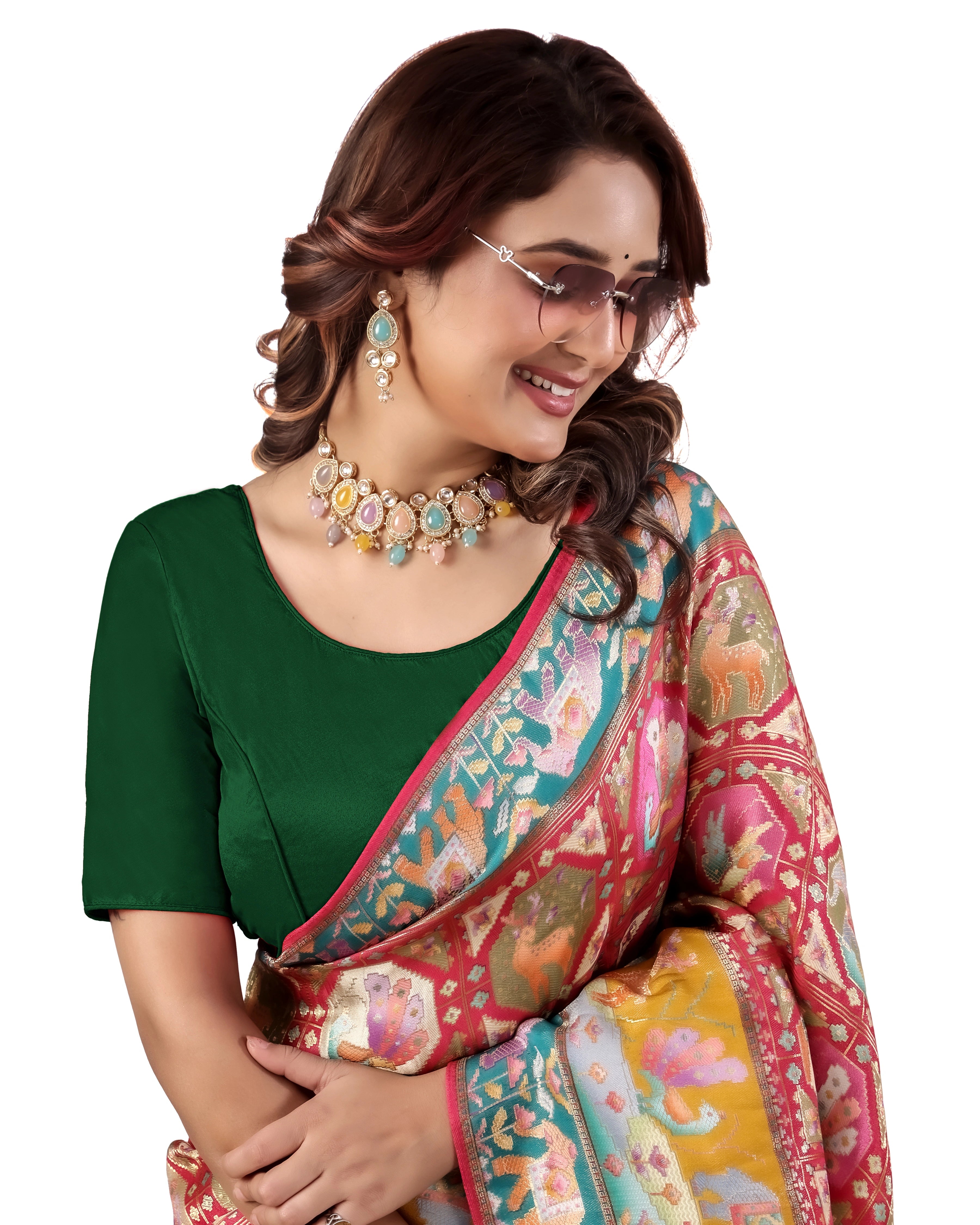 Pujia Mills Malai Satin Checks Blouse with Stretchable Sides for Women