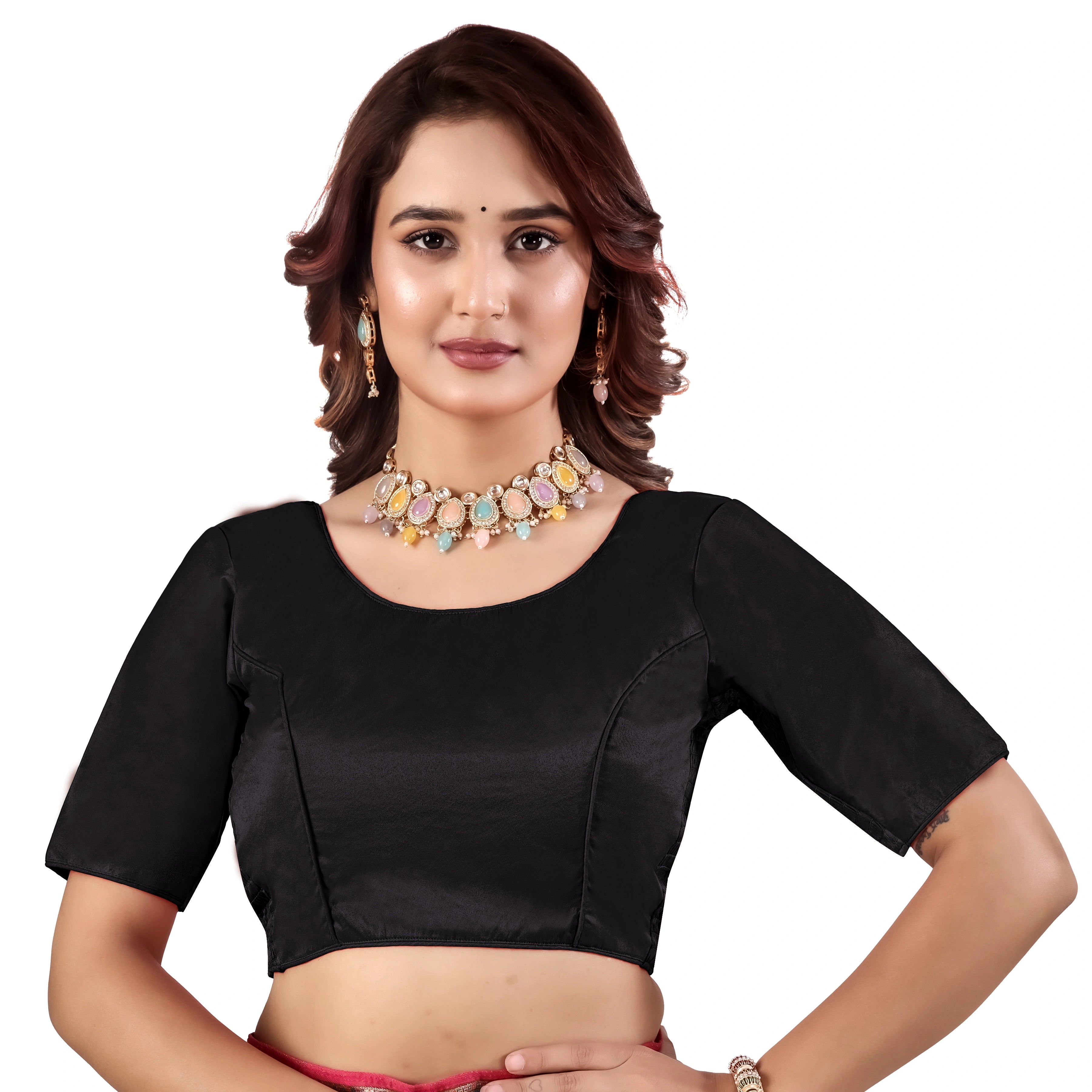 Pujia Mills Malai Satin Checks Blouse with Stretchable Sides for Women