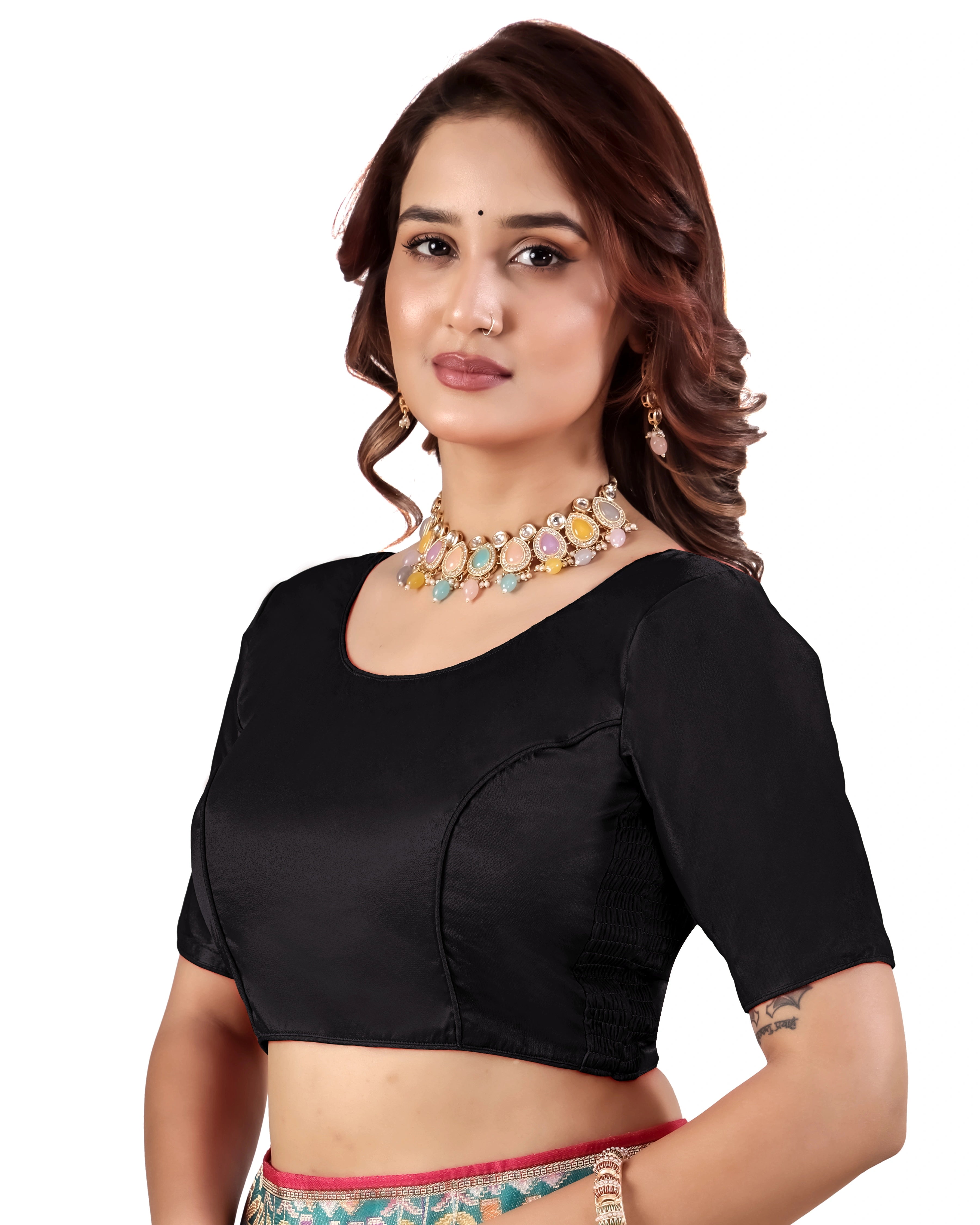 Pujia Mills Malai Satin Checks Blouse with Stretchable Sides for Women