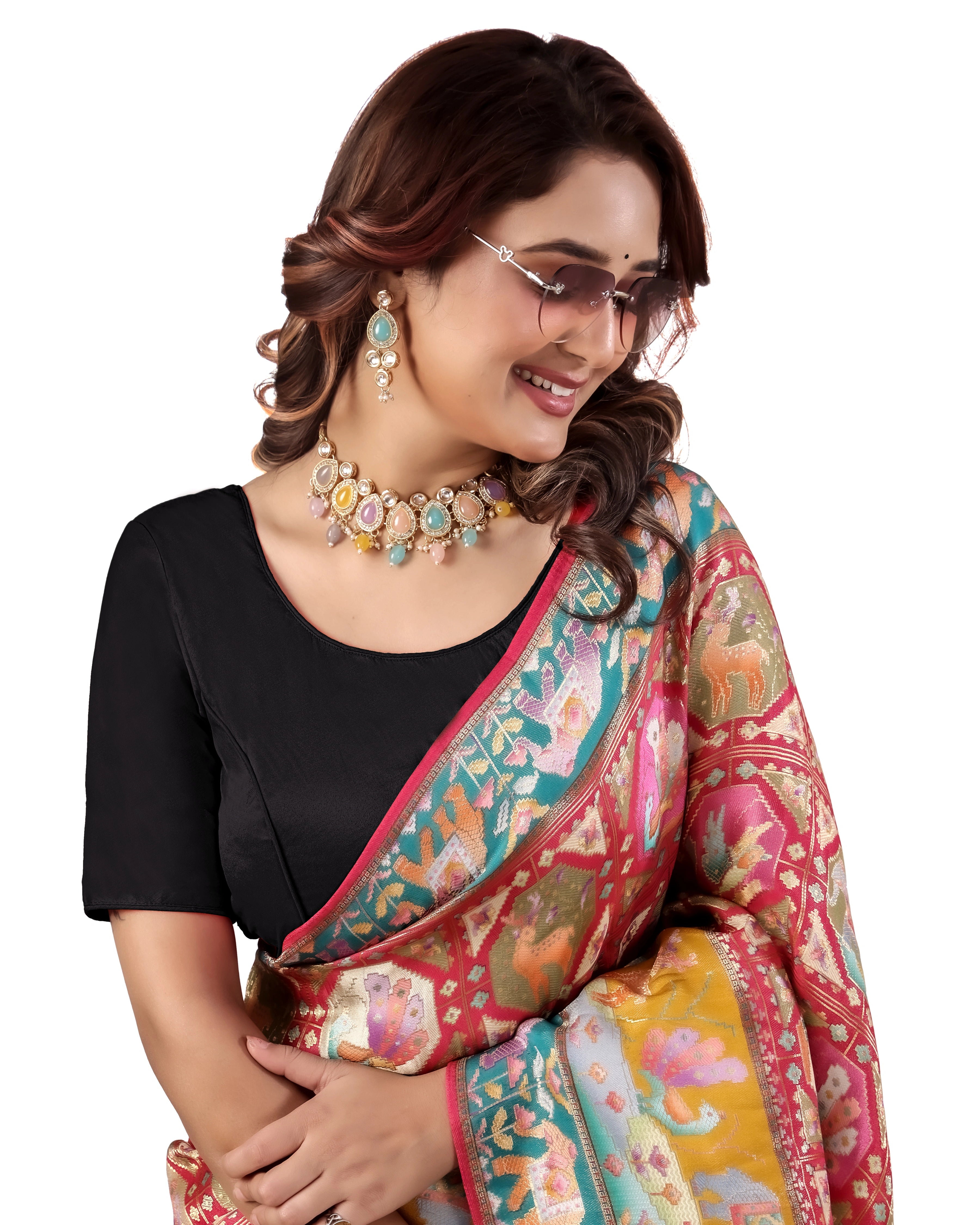 Pujia Mills Malai Satin Checks Blouse with Stretchable Sides for Women