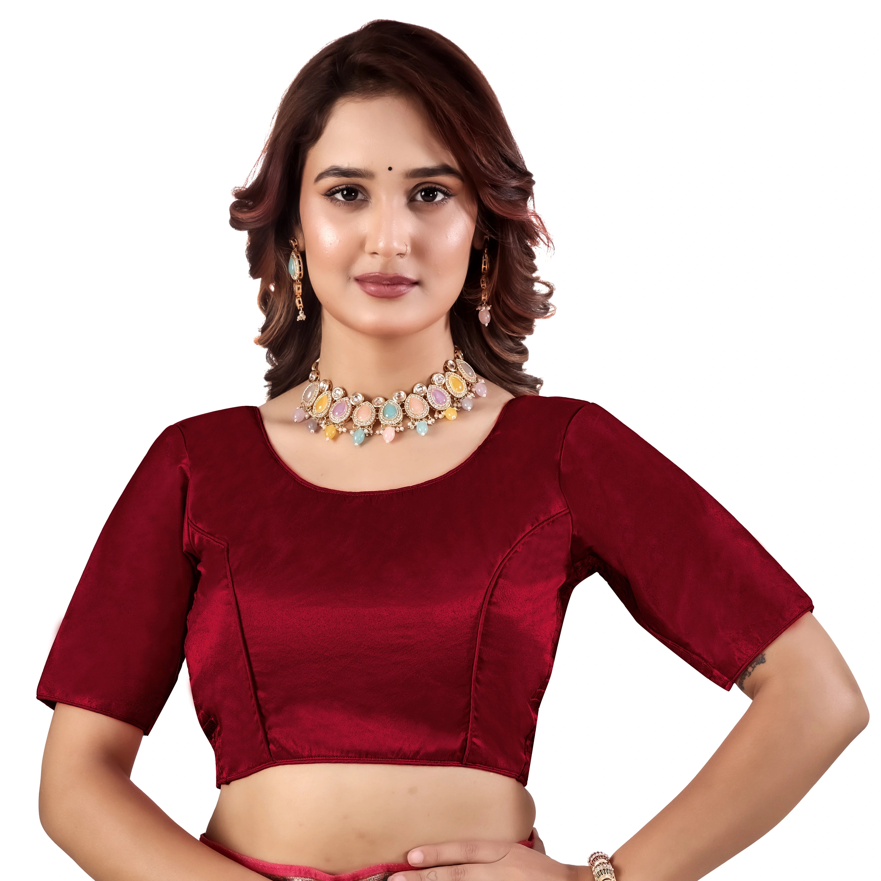 Pujia Mills Malai Satin Checks Blouse with Stretchable Sides for Women