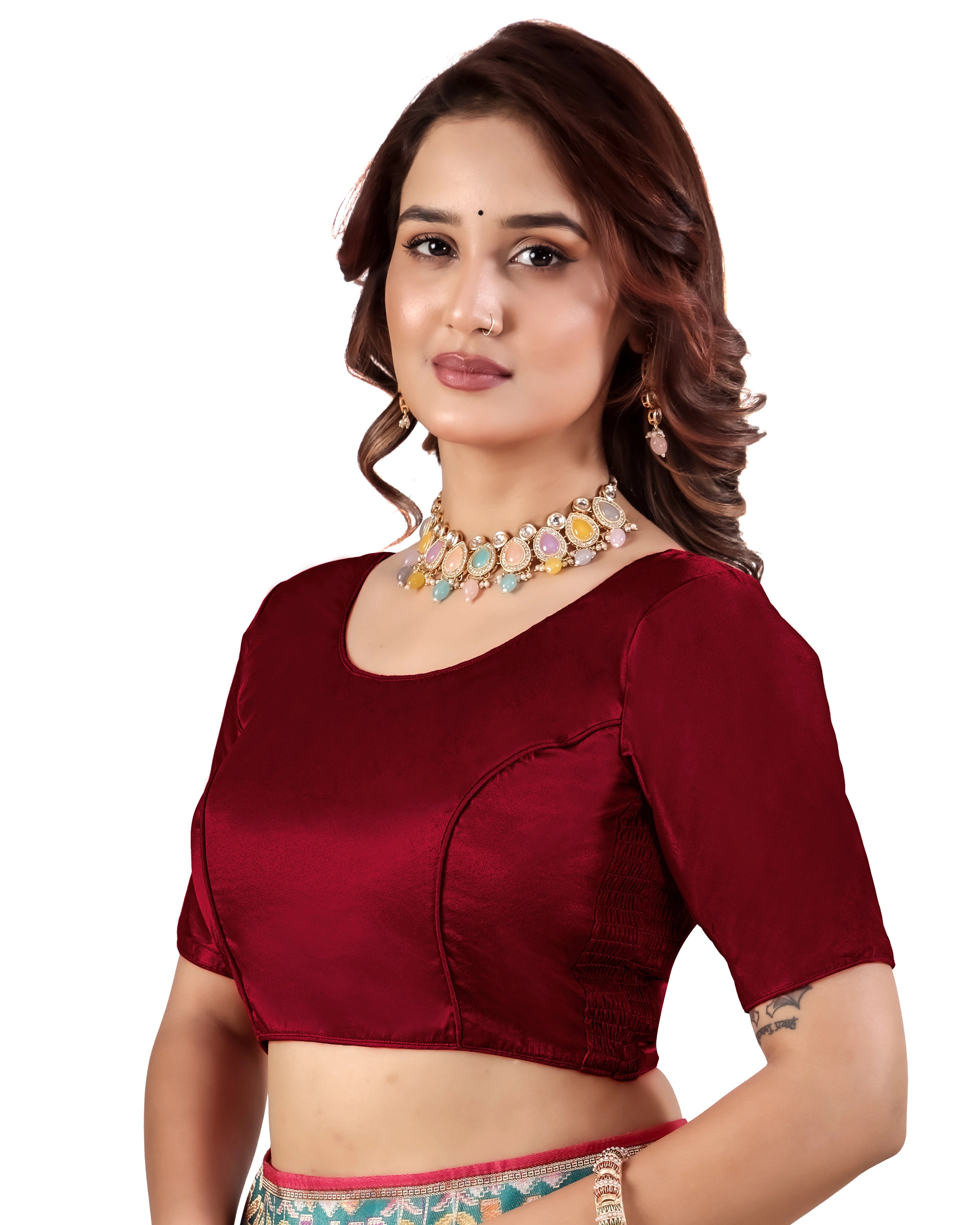 Pujia Mills Malai Satin Checks Blouse with Stretchable Sides for Women