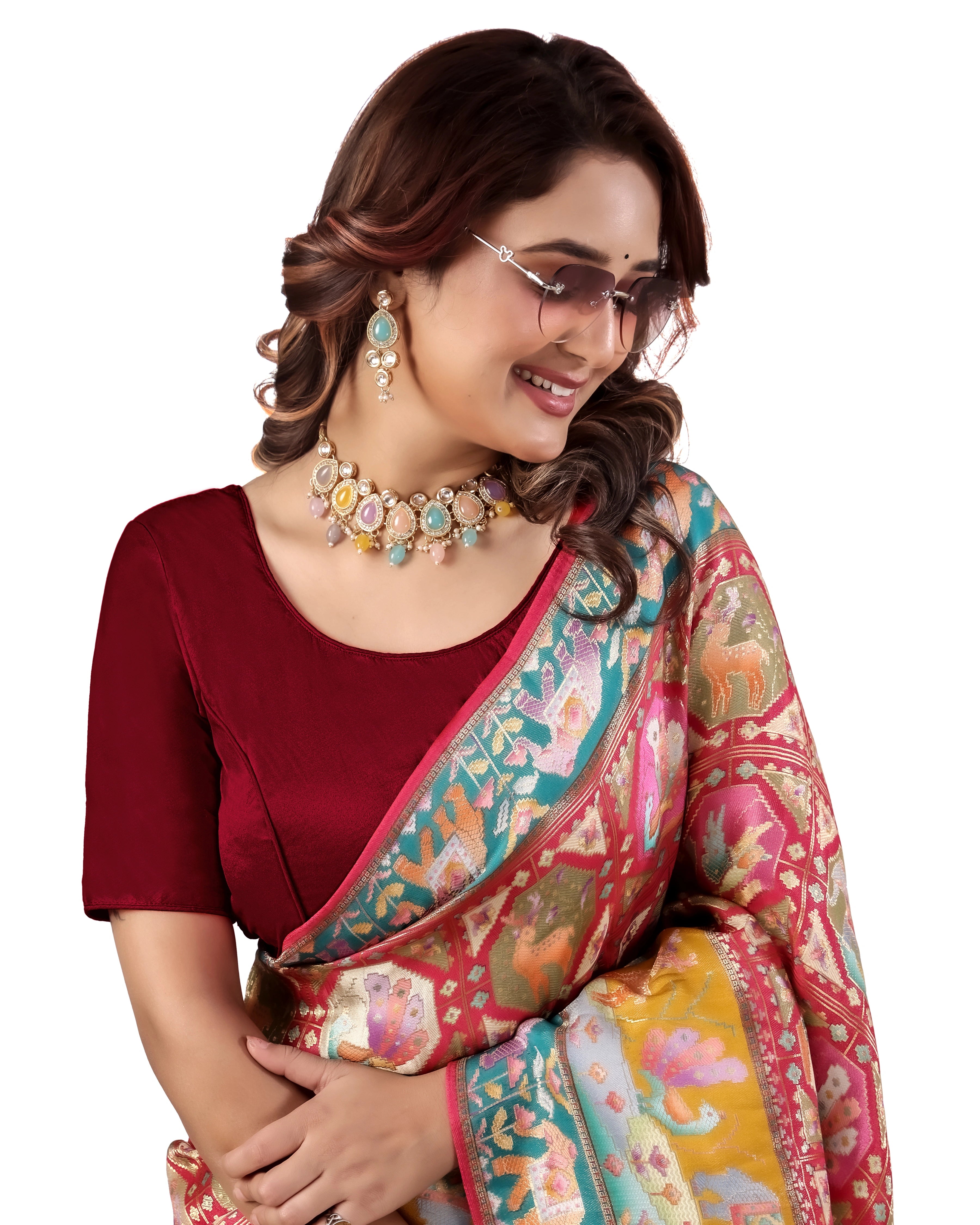 Pujia Mills Malai Satin Checks Blouse with Stretchable Sides for Women
