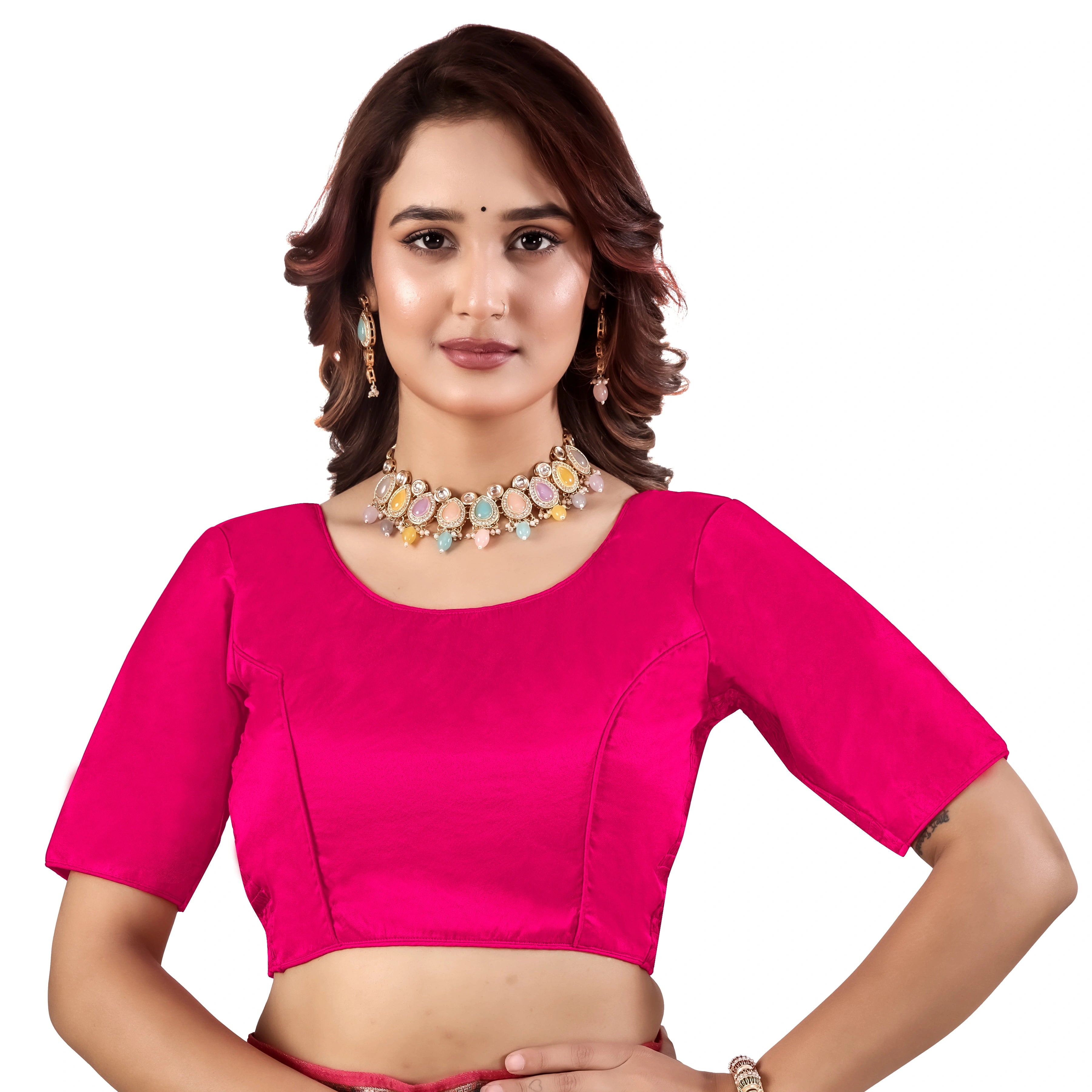 Pujia Mills Malai Satin Checks Blouse with Stretchable Sides for Women
