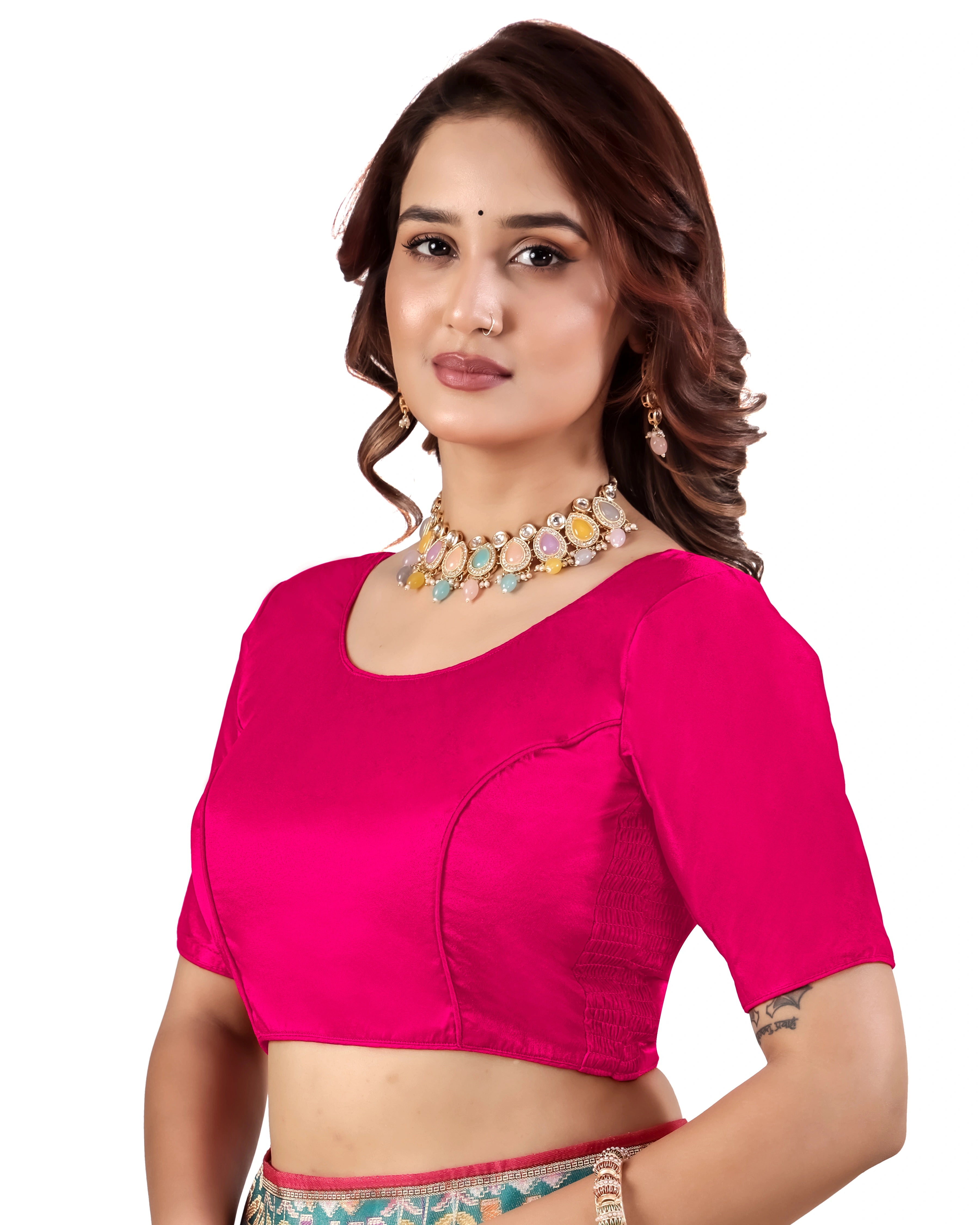 Pujia Mills Malai Satin Checks Blouse with Stretchable Sides for Women