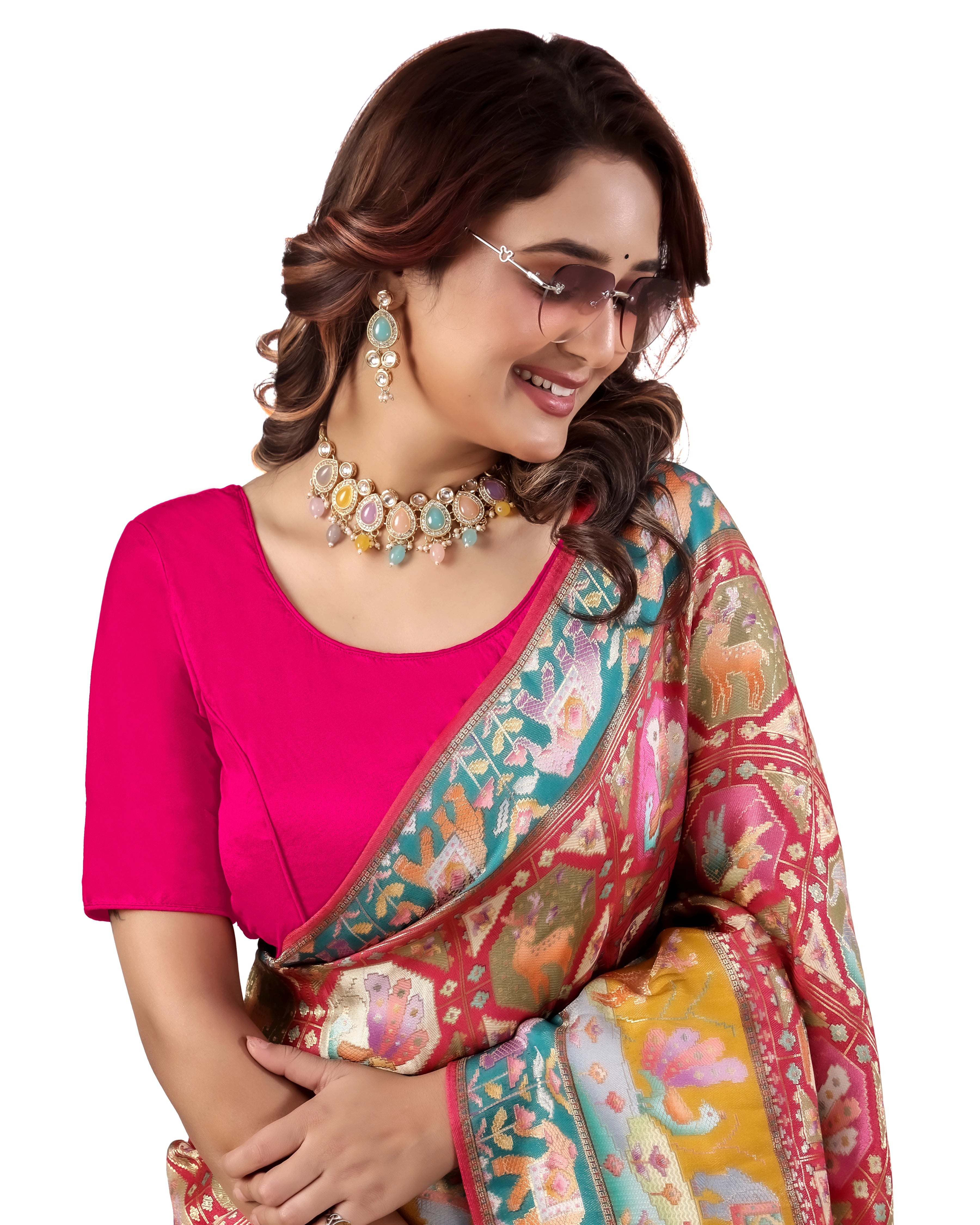 Pujia Mills Malai Satin Checks Blouse with Stretchable Sides for Women