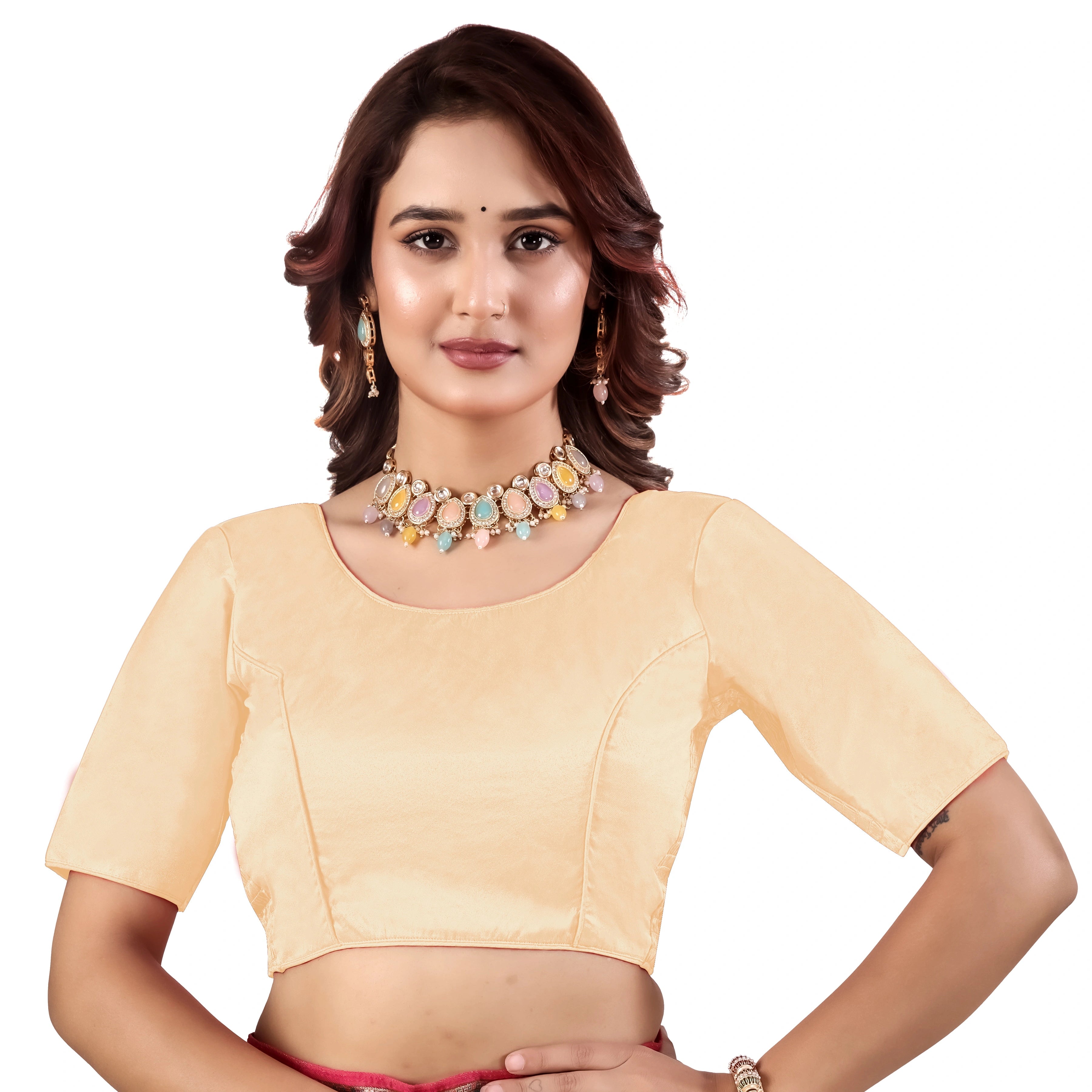 Pujia Mills Malai Satin Checks Blouse with Stretchable Sides for Women