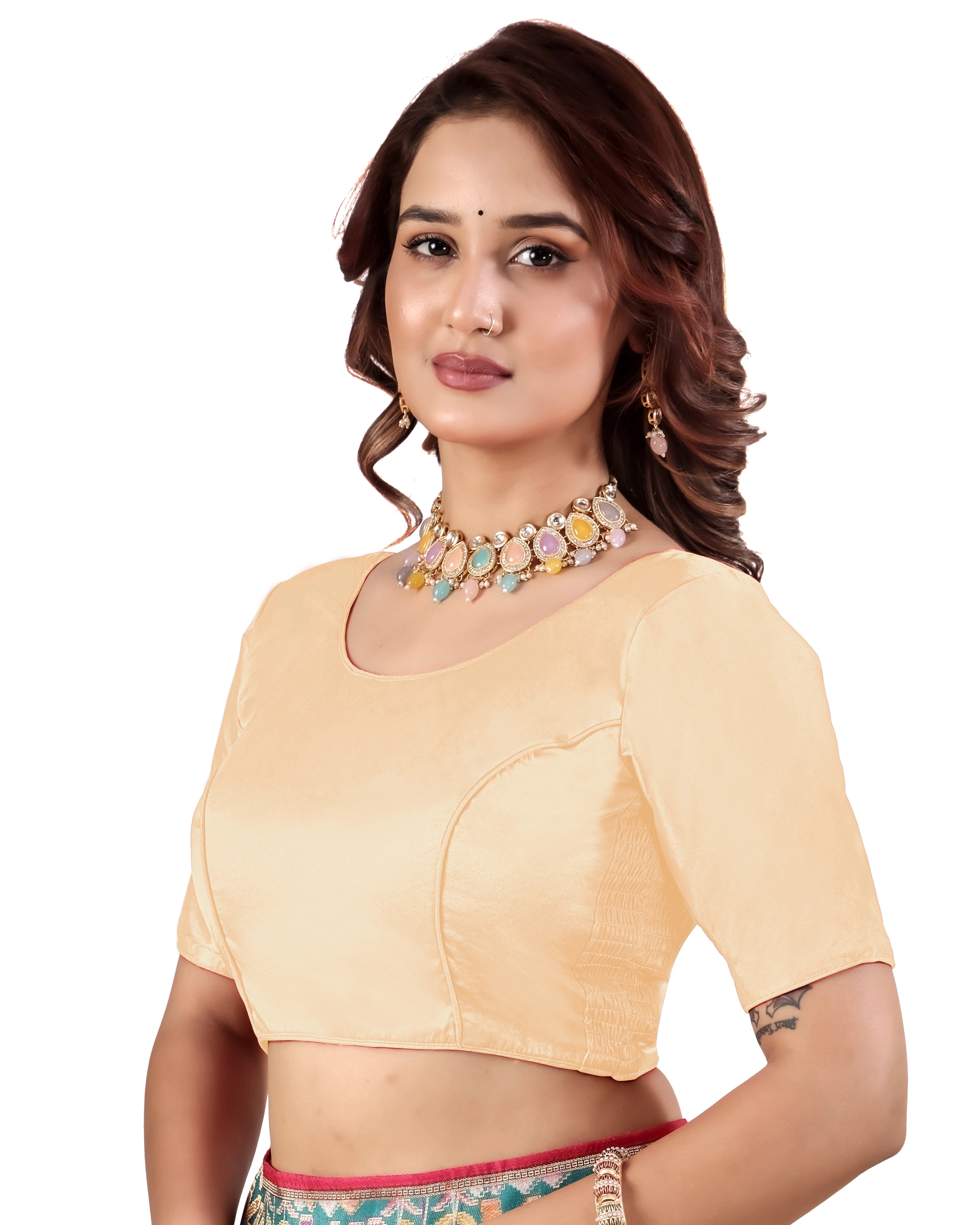 Pujia Mills Malai Satin Checks Blouse with Stretchable Sides for Women