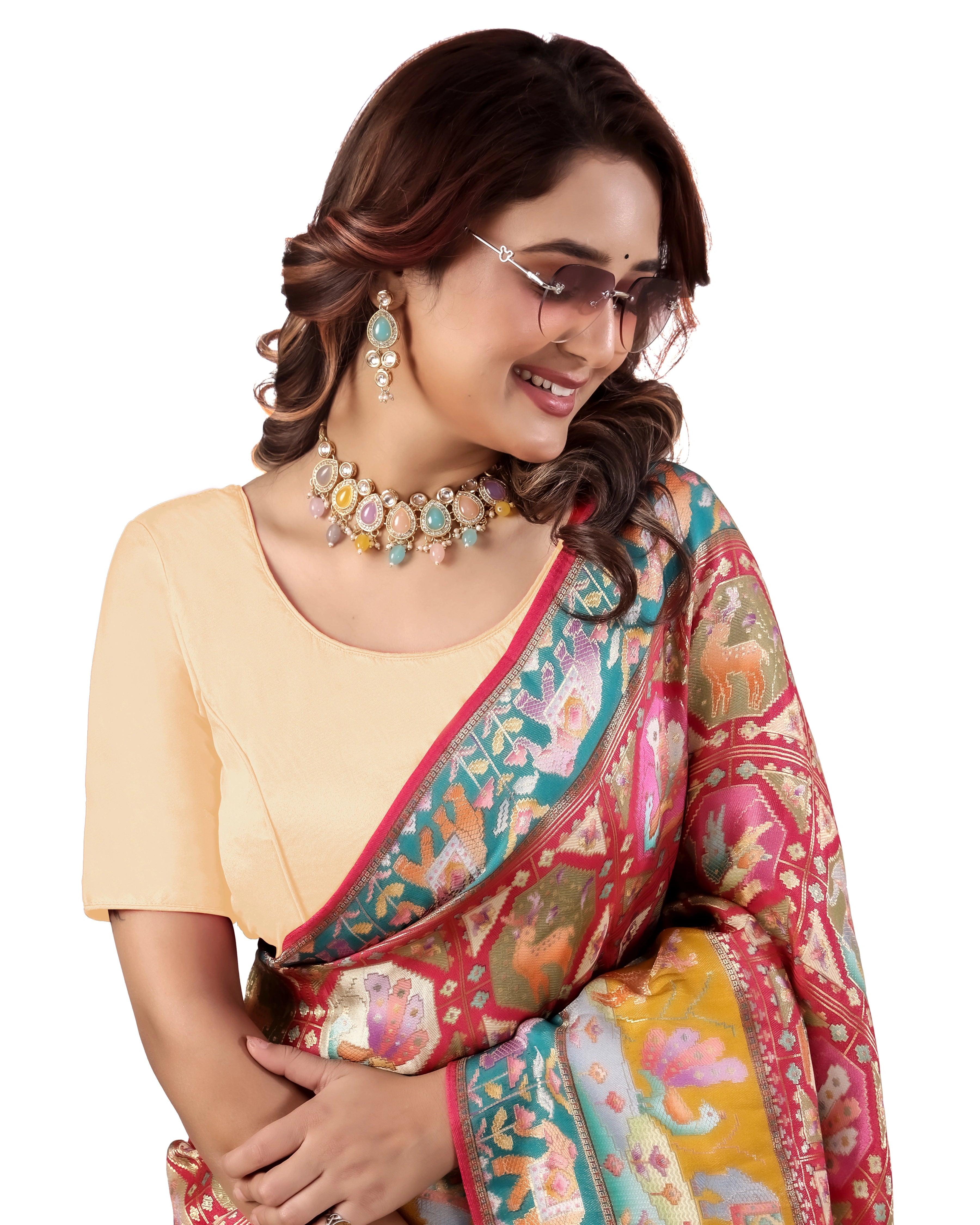 Pujia Mills Malai Satin Checks Blouse with Stretchable Sides for Women