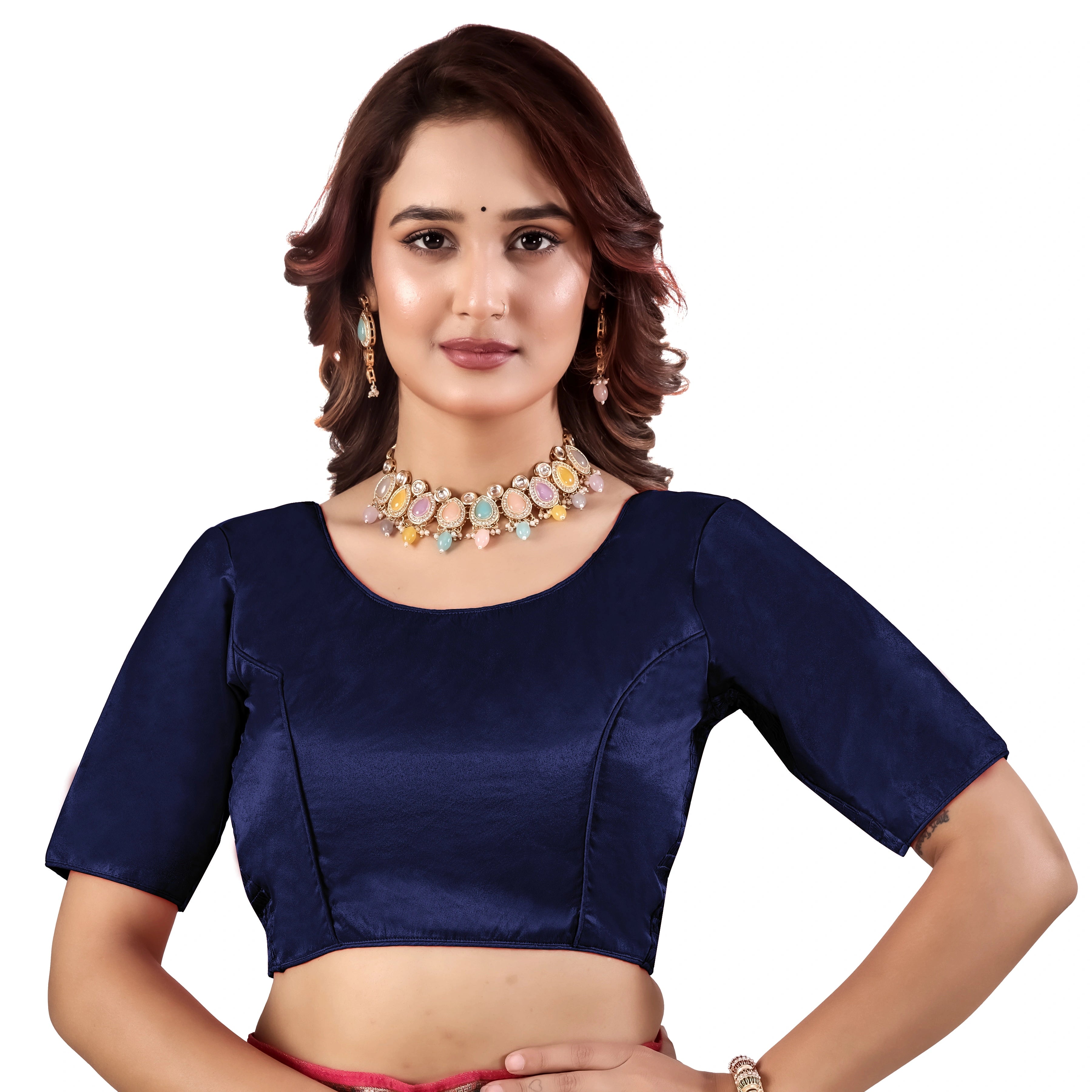 Pujia Mills Malai Satin Checks Blouse with Stretchable Sides for Women
