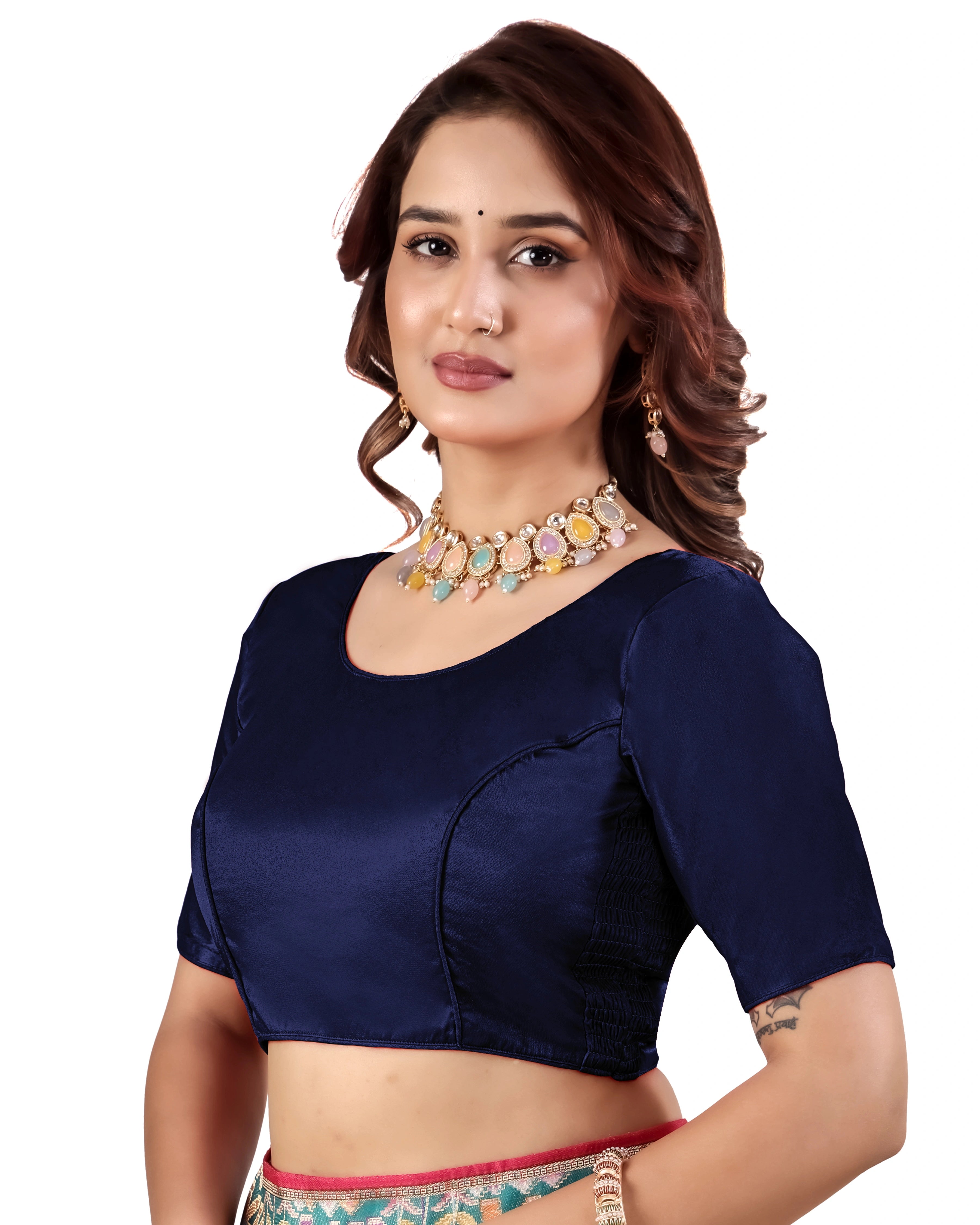 Pujia Mills Malai Satin Checks Blouse with Stretchable Sides for Women