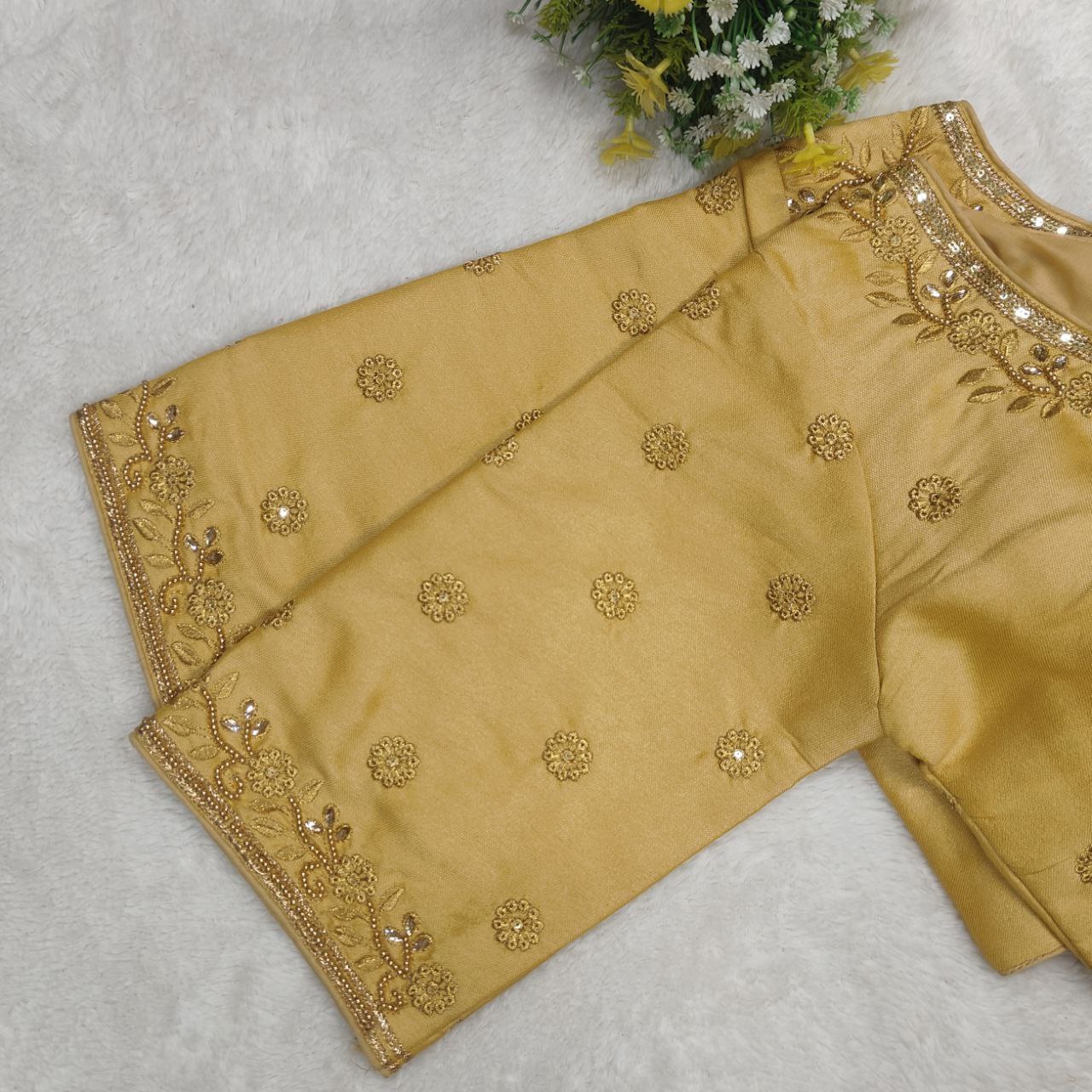 Pujia Mills Woman Milan Silk Round Neck with Half Sleeve with khatli Work Embroidered Design Readymade Blouse 38 Size