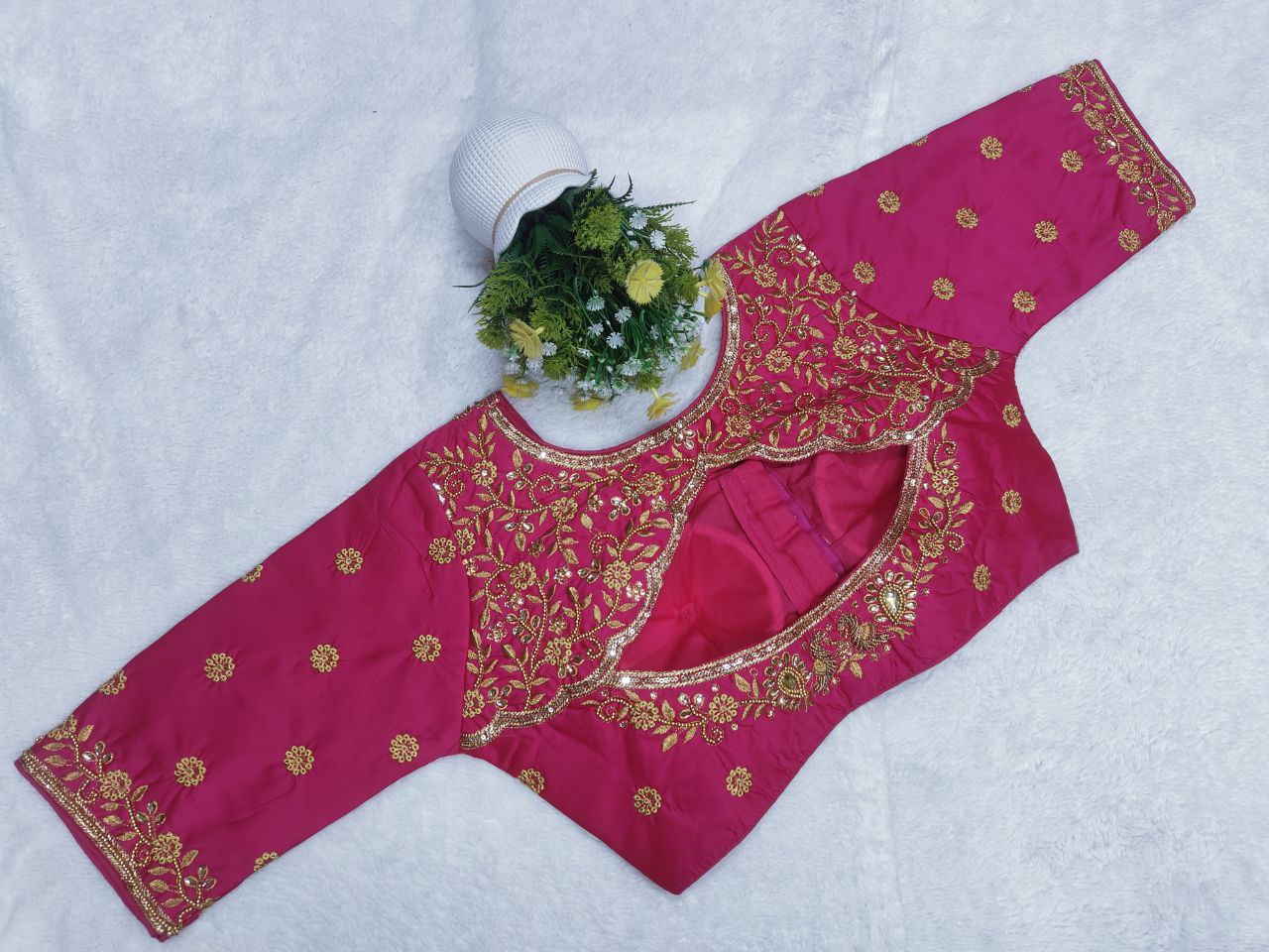 Pujia Mills Woman Milan Silk Round Neck with Half Sleeve with khatli Work Embroidered Design Readymade Blouse 38 Size