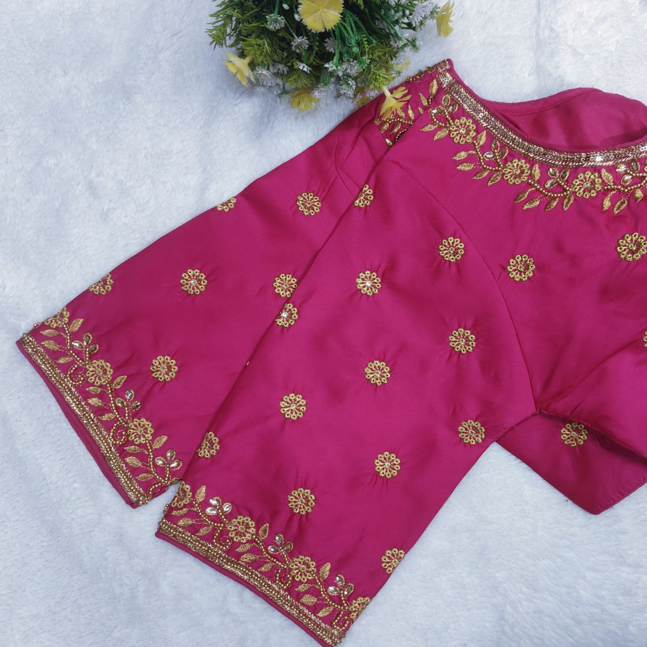 Pujia Mills Woman Milan Silk Round Neck with Half Sleeve with khatli Work Embroidered Design Readymade Blouse 38 Size