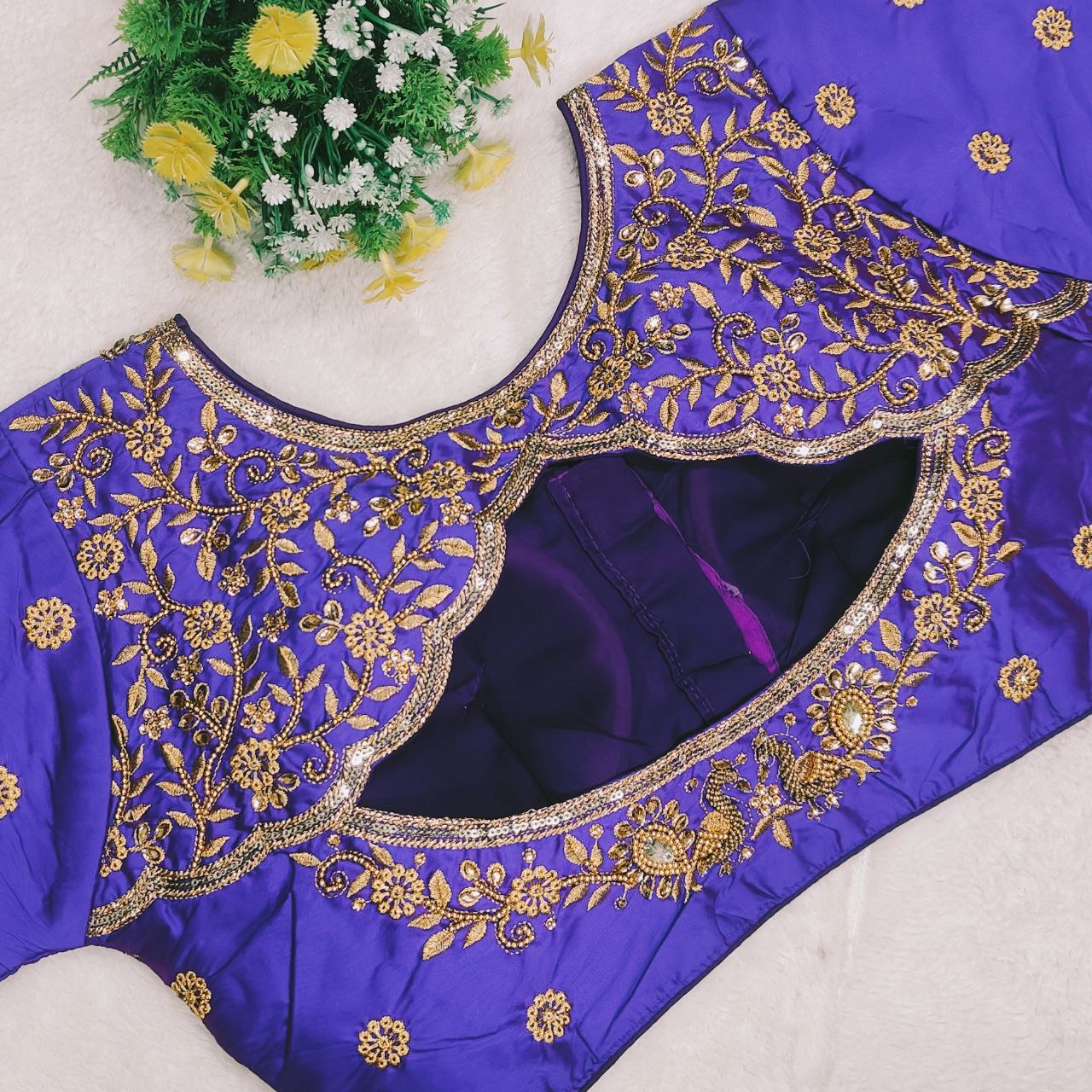 Pujia Mills Woman Milan Silk Round Neck with Half Sleeve with khatli Work Embroidered Design Readymade Blouse 38 Size